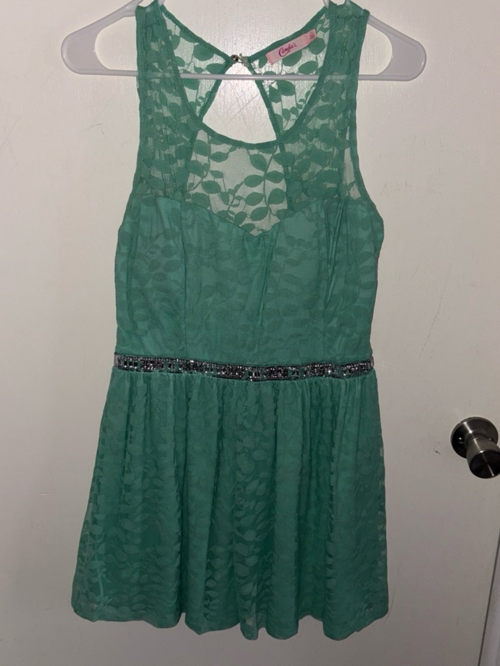Candie's Teal Lace Dress with Beaded Waist
